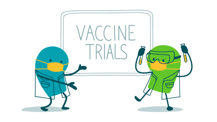 Alt: Two scientist doodles wearing masks stand in front of a sign that says, “Vaccine trials.” One of the doodles also wears goggles and holds up a pair of test tubes.