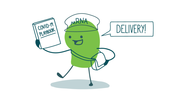 A doodle wearing a messenger bag and a hat labeled “mRNA” holds up a COVID-19 playbook and says, “Delivery!”